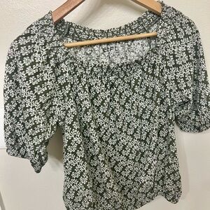 LOFT Olive and White off-shoulder Patterned Blouse